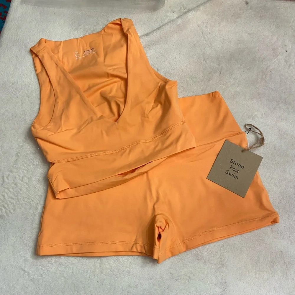 New! SET Stone Fox Swim x free people orange surf shorts bikini 28506